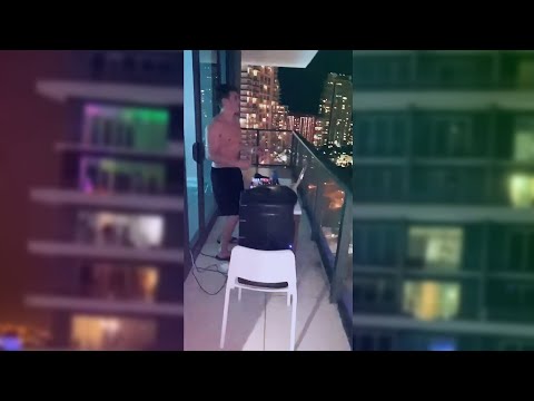 Guy blasting Caramelldansen on his balcony