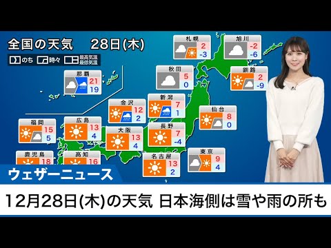 12月28日(木)の天気予報　西日本や東海は晴天 日本海側は雪や雨の所も