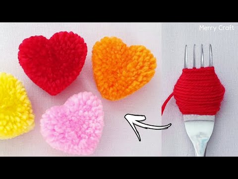 Super Easy Pom Pom Heart Making Idea with Fork - Amazing Valentine's Day Crafts - How to Make Heart