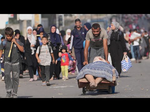 Caravan of Palestinian evacuees walk south within Gaza to try to escape war