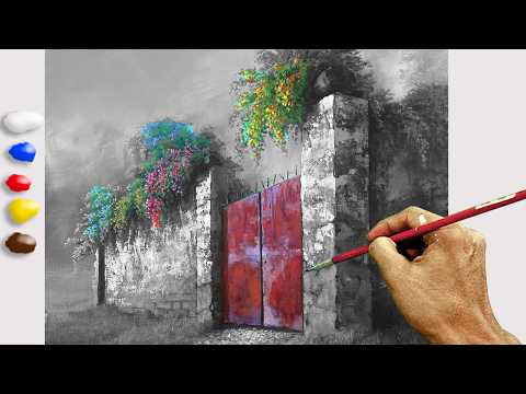 How to Paint Red Gate with Flowers in Acrylics / Time-lapse / JMLisondra