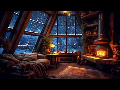 Wind and Crackling Fireplace in a Cozy Winter Hut - Cozy Ambience for Sleep, Relax, Study