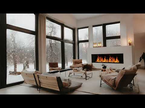 Minimal Winter Cabin Ambience with Relaxing Crackling Fireplace and Soft Snowfall | ASMR