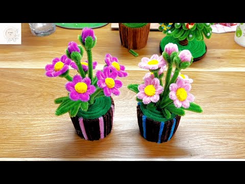 DIY | Handmade - 🌹C&aacute;ch l&agrave;m chậu hoa c&uacute;c mini từ kẽm nhung - How to make mini chrysanthemum pots🌹