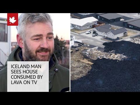 Iceland man reacts after seeing new house consumed by lava on TV