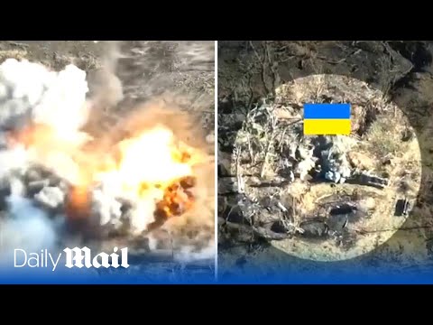 Two Russian tanks are eliminated by Ukrainian anti-tank mines whilst taking enemy fire