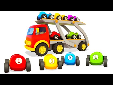 A car transporter for colored racing cars for kids. Helper cars full episodes cartoons for kids.