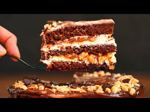 Incredibly delicious Snickers cake! Chocolate cake with caramel