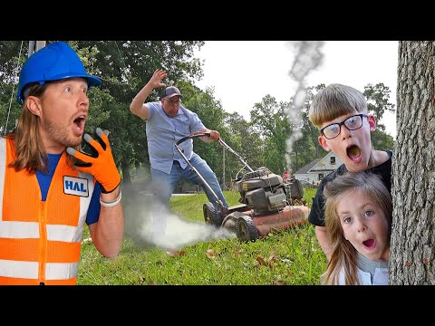 Handyman Hal helps friend with Lawn Care | Mowers and leaf blowers for kids