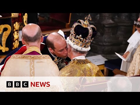 Prince William kisses King Charles on cheek in Coronation ceremony - BBC News