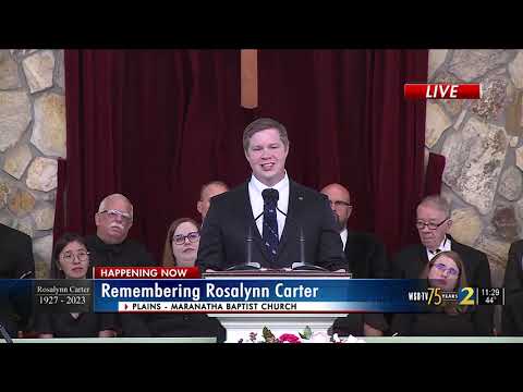 Rosalynn Carter's grandson Josh Carter speaks on behalf of his father at funeral service