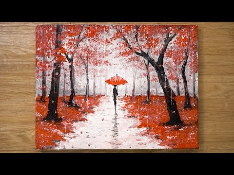 Walking in the Rain / Red Acrylic Painting Technique 