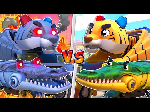 Oh no! TIGER POLICE car and CROCODILE car EVIL TWINS attack the city! | Cars Rescue Team