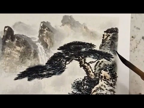 Mountains, waterfall and trees- Sumi-e Ink Painting