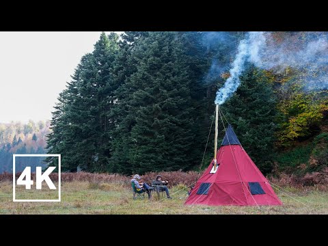 Teepee Tent Camp with Wood Stove | Camp Fire, Full Moon,&nbsp;Foggy&nbsp;Morning