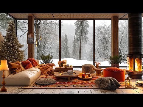 ❄️Winter Cozy Terrace Ambience with Slow Piano Jazz | Falling Snow and Fireplace for Relaxation