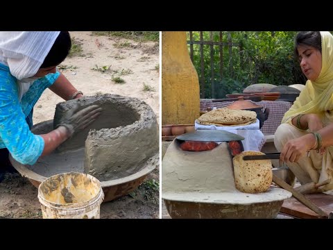 She is Making Mud Stove and Cooking Chapati Bread with Eggplant Curry II