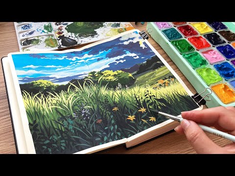 Studio Ghibli Landscape Painting/ Himi Jelly Gouache Unboxing / New Sketchbook ✨