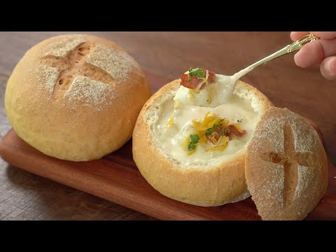 Baguette Bowl with Potato Soup Recipe :: Brunch Recipe