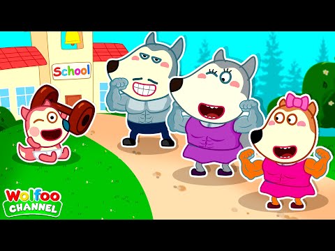 Baby Wolfo Pretends to Play Muscle School with Family 💪🤩 - Kids Stories about Family 