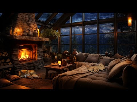 Rain &amp;amp; Thunderstorm with Lightnings, Crackling Fireplace, Cats and Dog - Cozy Ambience to Relax