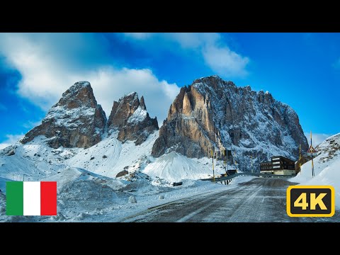 🇮🇹 Experiencing the Beauty of the Dolomites: A Snowy Drive on the Sella Pass | 4K 