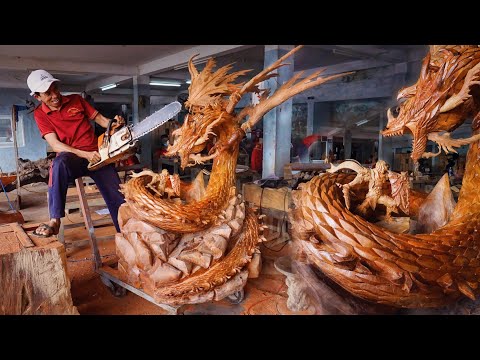 Wood carving - Lord Warrior fighting Dragon - Multiplatform MMORPG Gran Saga Huge Sculpture Amazing