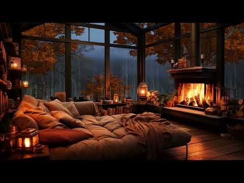 Autumn Evening Ambience with Relaxing Fireplace &amp; Rain Sounds