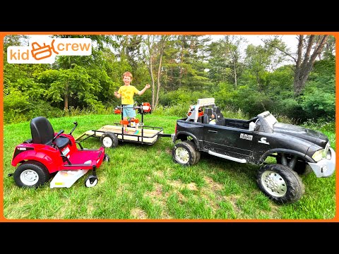 Mowing lawn with kids ride on zero turn, tractor, truck. Educational how a mower works | Kid Crew