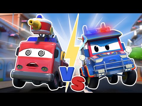 POLICE TRUCK vs. FIRETRUCK! Who will win? | Emergency Vehicles for Kids