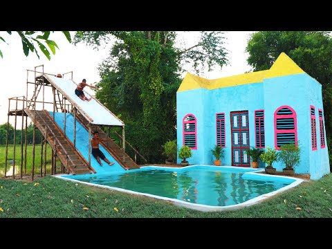 Build Pretty Villa For Living And Swimming Pool With Two Story Water Slide For Fun &amp;  Exercise- full