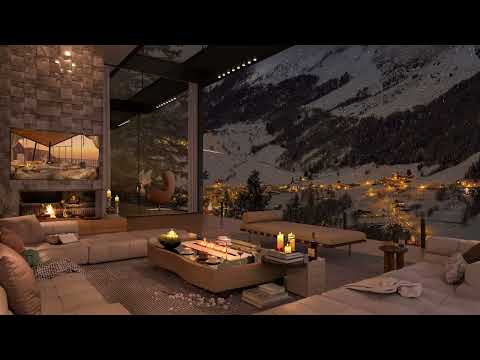 Relaxing Winter Jazz Music With Falling Snow - Cozy Winter Apartment Ambience With A Warm Fireplace