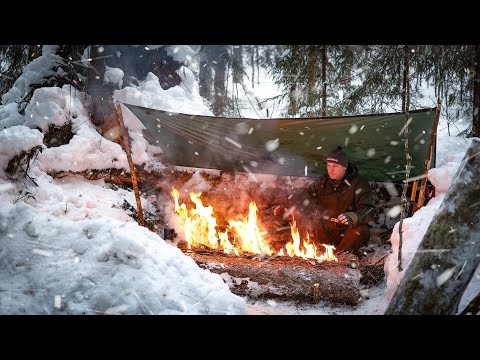 -31&ordm;C Solo Camping in Survival Shelter from Poncho Tent During Storm - Long Fire - ASMR