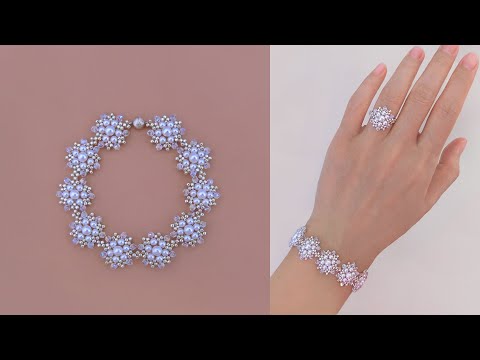 &ldquo;Snow Crystal&rdquo; Beaded Bracelet and Beaded Ring with Crystal Bicones and Pearls. Beading Tutorial.