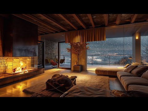 Enjoy The Cozy Winter Room Ambience With Crackling Fireplace and Snowfall Outside