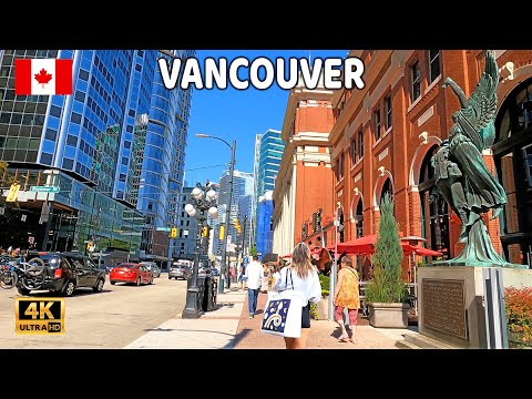 🇨🇦 【4K】☀️  Downtown Vancouver BC, Canada.  Relaxing Walk.  Amazing Sunny Day. September  2023.