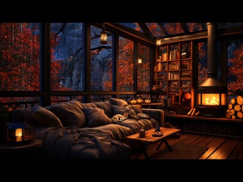 🍂⛈🔥 Autumn Thunderstorm with Lightnings and Crackling Fireplace in a Cozy Cabin with large Windows