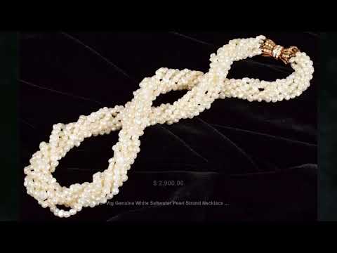 18&quot; Vtg Genuine White Saltwater Pearl Strand Necklace w/18KT Gold Diamond Clasp