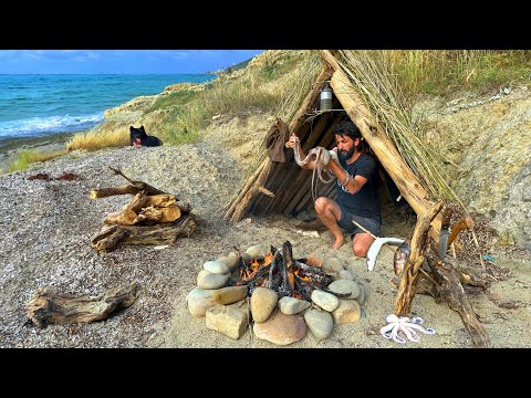 3 DAYS solo survival (NO FOOD, NO WATER) Catch and Cook, OCTOPUS - Rain Camping, Bushcraft Shelter