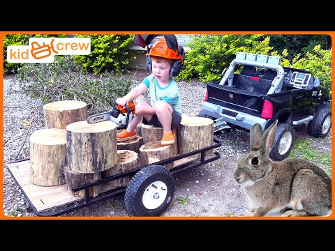 Helping animals with toy chainsaw and kids ride on truck. Educational how chainsaws work | Kid Crew