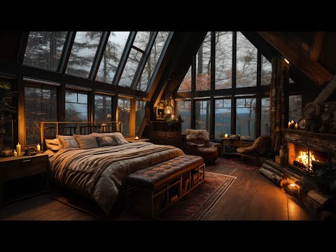 Cozy Forest Bedroom / Rain and Wood Burning Sounds for Deep Sleep / Study / Relax