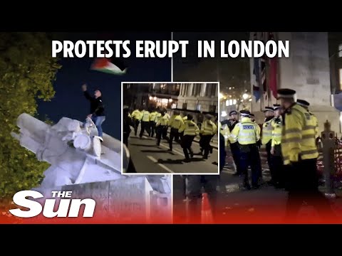 Cops rush to guard Cenotaph as pro-Palestine protesters climb war memorial