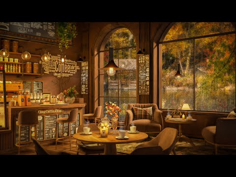 Autumn Rainy Day in Cozy Coffee Shop 4K ☕ with Piano Jazz Music for Relaxing, Studying and Working