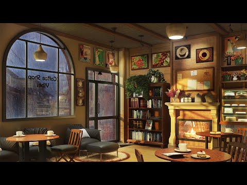 Rainy Coffee Shop Ambience with Relaxing Jazz Music,  Rain Sounds and Fireplace