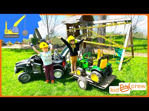 Demolishing broken playset with toy construction trucks. Educational how excavators demo | Kid Crew