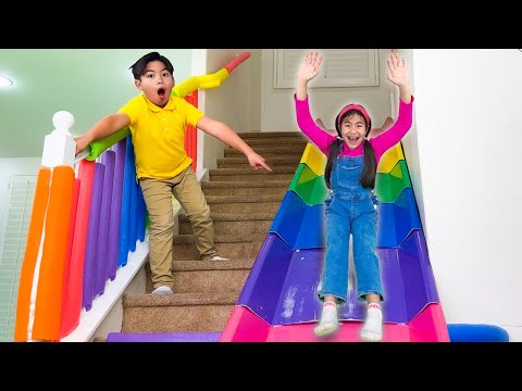 Eric Jannie and Charlotte Plays on the Stair Slide for Kids