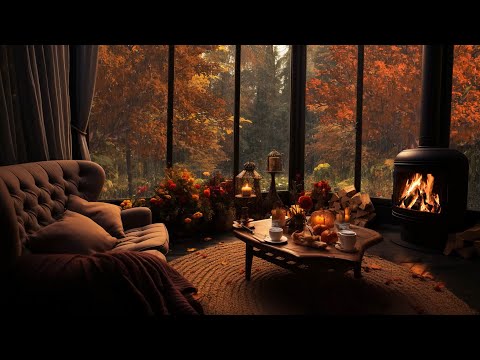 🔴 Rainy Autumn Day with Crackling Fireplace in a Cozy Hut Ambience - Relax, Sleep or Study