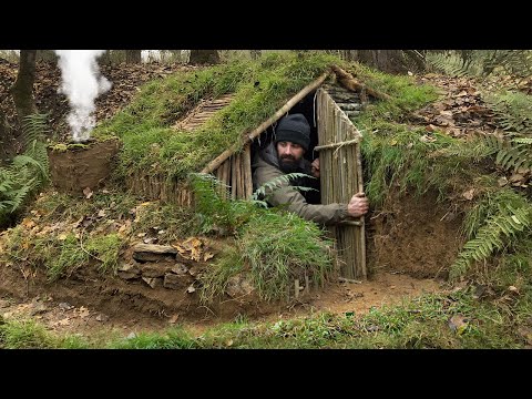 Building complete and warm survival shelter | Bushcraft earth hut, grass roof &amp; fireplace with clay