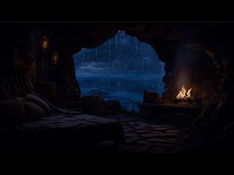 Hide in the Seaside Cave when the Rain &amp; Thunder come⛈️Relax with Waves, Rain &amp;  Campfire sounds🔥