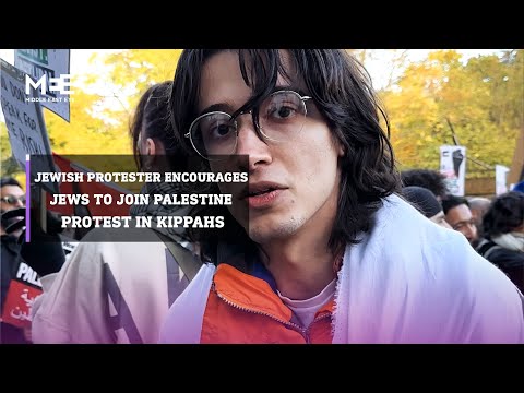 Jewish protester encourages Jews to join pro-Palestine protests while wearing their kippahs.